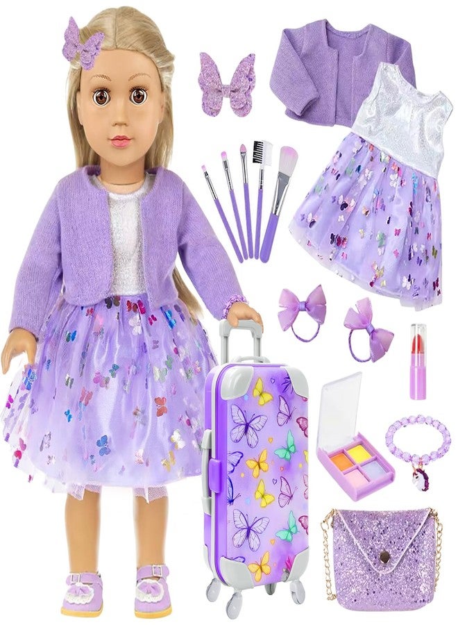 DONTNO American 18 Inch Doll Accessories with Travel Suitcase Makeup Play Set and Clothes,Shoulder Bag,Eye Shadow Plate,Butterfly Hairpin,Bracelet,Lipstick,Hair Tie,Eyelash Brush,No Doll and Shoes - Image 1